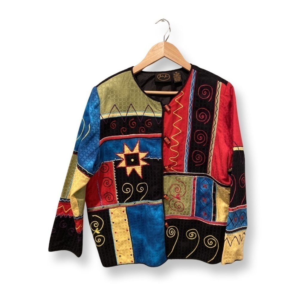 JULIA KIM Vintage Abstract Geometric Multicolor Embroidered Jacket Size M